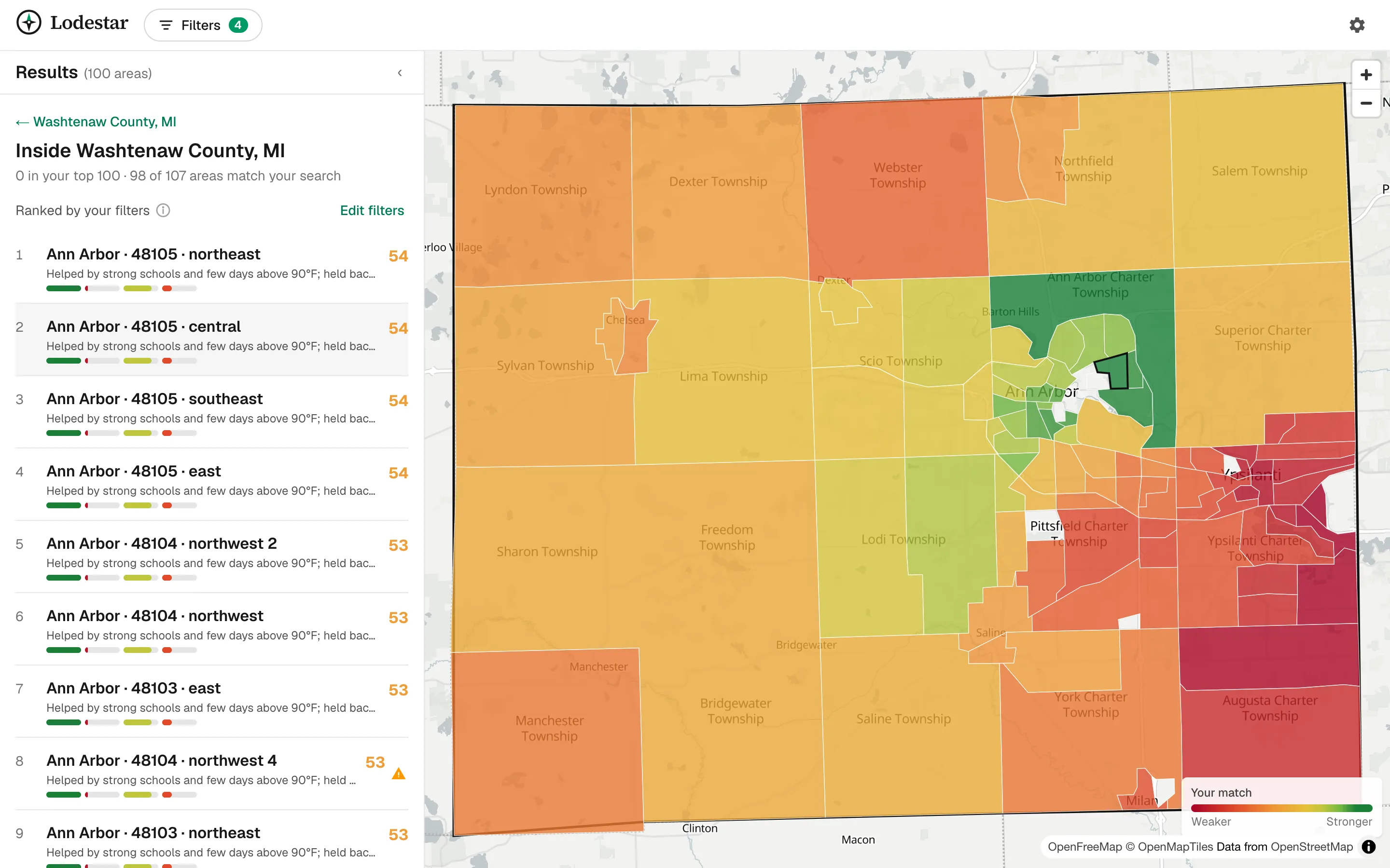 Lodestar inside Washtenaw County, Michigan: a ranked list of areas beside a red-to-green choropleth map of every neighborhood, strongest matches around Ann Arbor.