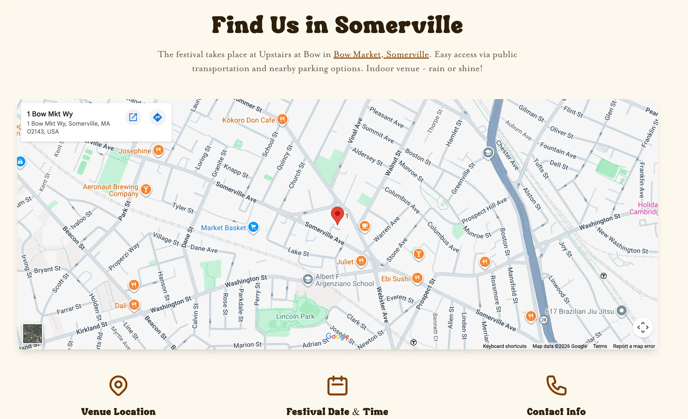 The “Find Us in Somerville” location section with an embedded Google Map pinned to Bow Market, Somerville, MA.