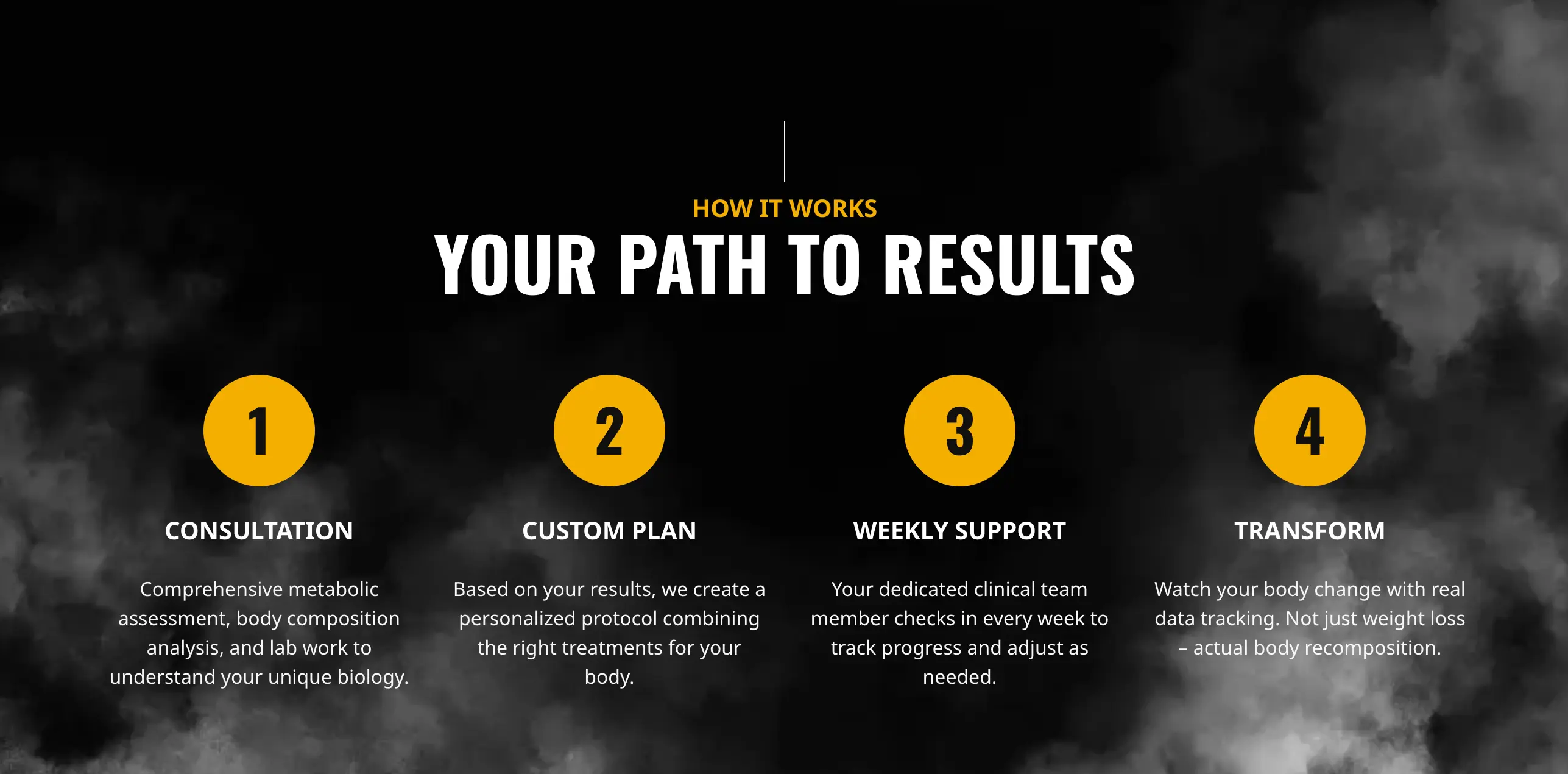 The “Your Path to Results” process section: Consultation, Custom Plan, Weekly Support, and Transform.