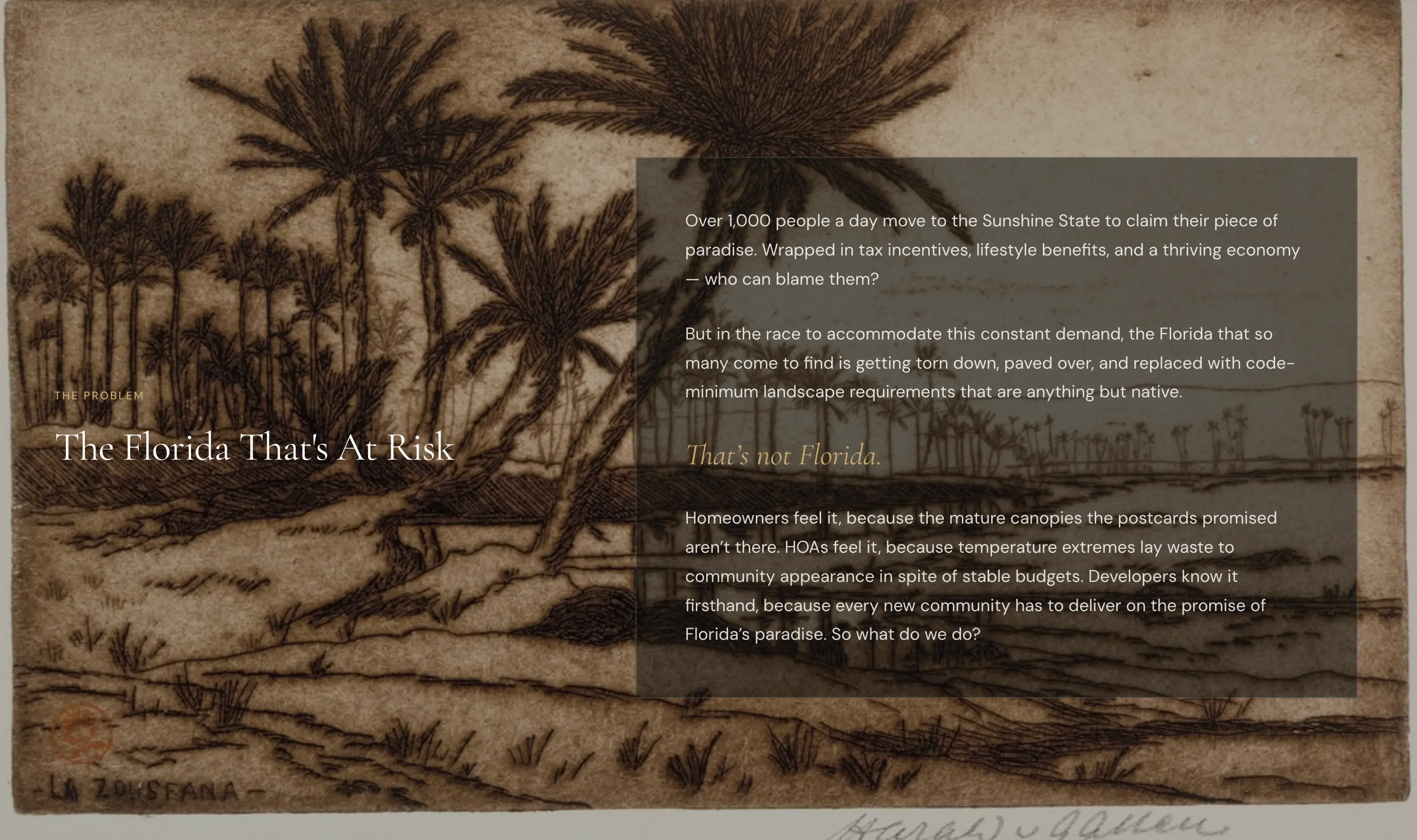 The Problem section, “The Florida That’s At Risk,” with an antique Florida etching and copy on native landscapes being paved over.