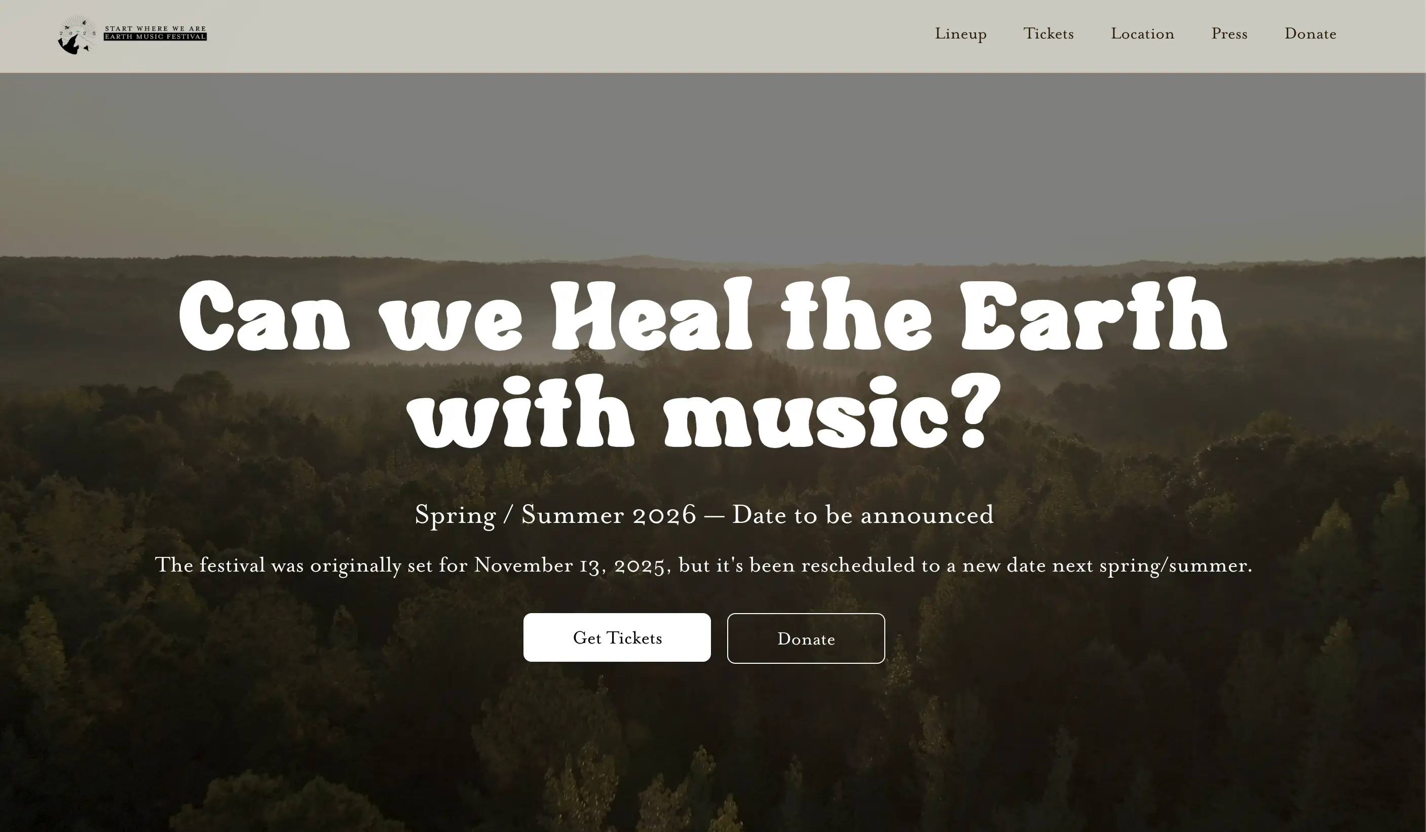 Start Where We Are festival homepage hero: “Can we Heal the Earth with music?” over an aerial forest video still.